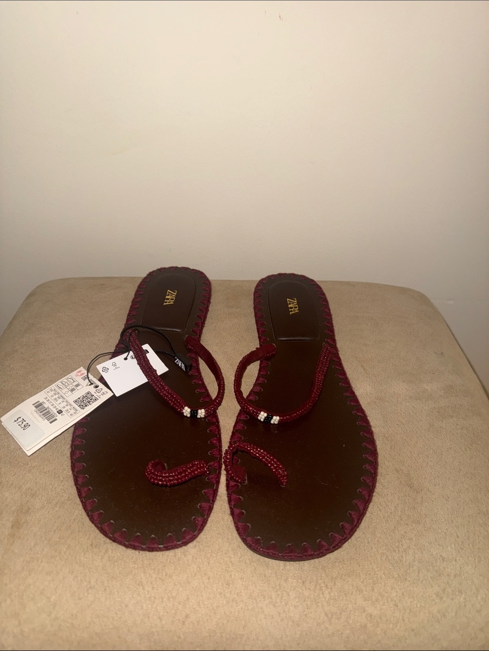 Zara Burgundy Braided Toe-Loop Flat Sandals with Bead Detail